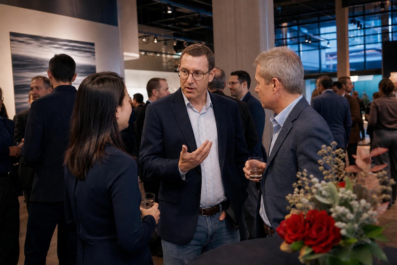 Professionals in conversation at an industry gathering