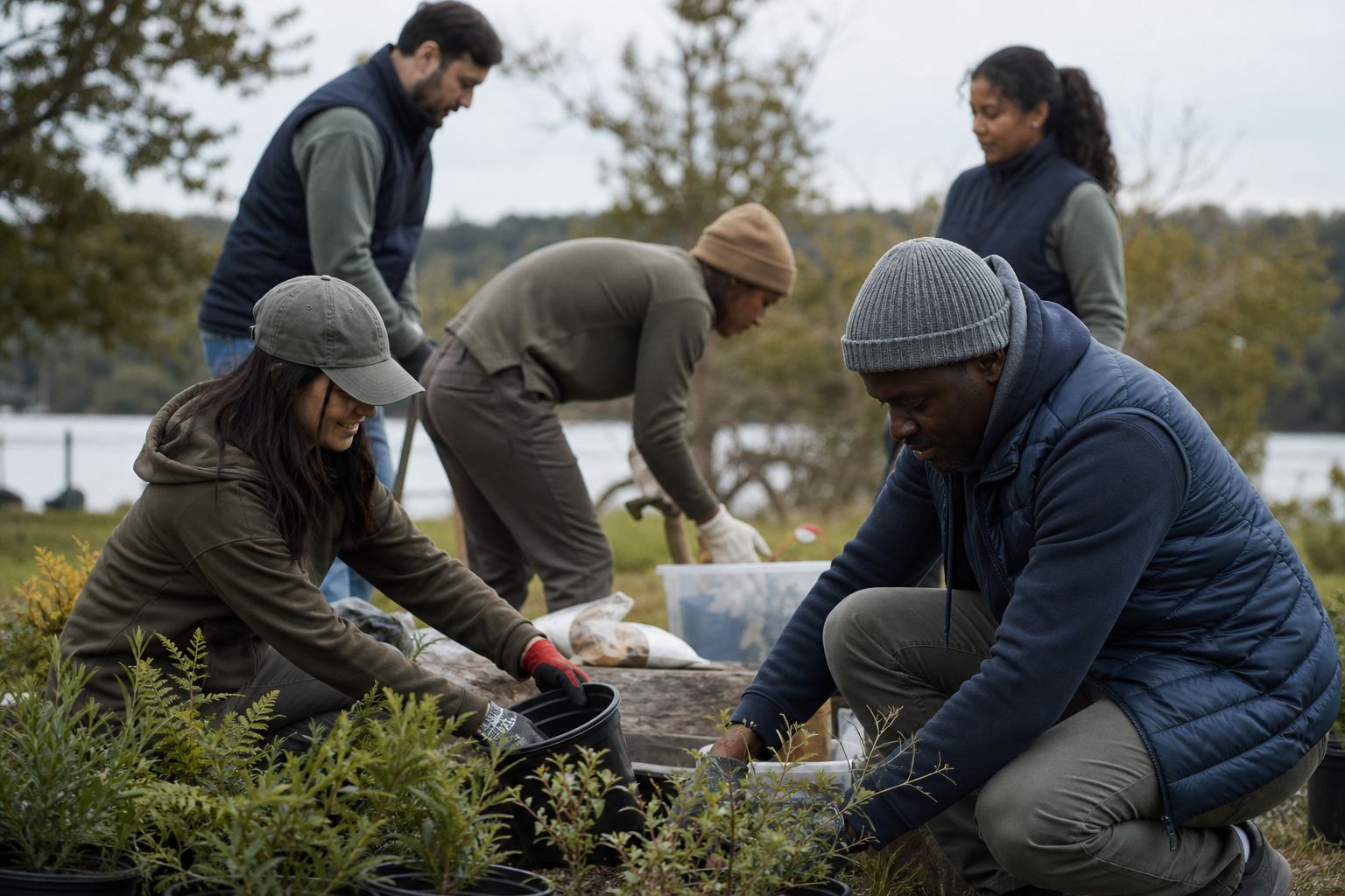 Coworkers participating in a community volunteer project